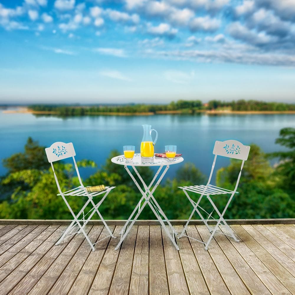 Chic Floral Cut-Out White Steel 3-Piece Patio Bistro Set