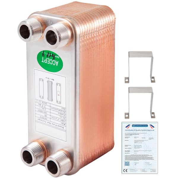 VEVOR Heat Exchanger 3 In. x 7.5 in. 30 Plates 316L 3/4 In. MPT Heat Exchanger B12-30 Beer Wort Chiller for Hydronic Heating