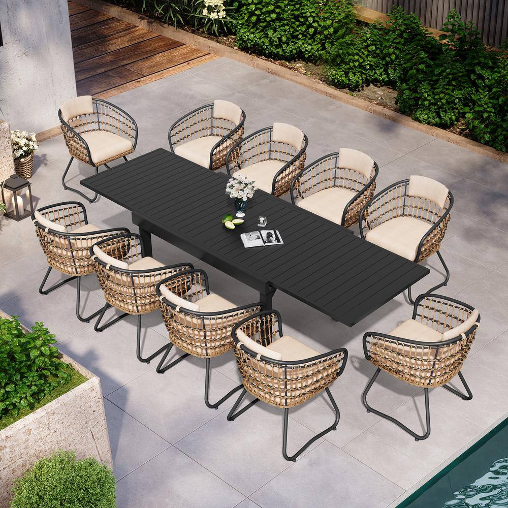 11-Piece Aluminum Outdoor Dining Set, Expandable Rectangle 106 in. Table and Steel Rattan Chairs with Beige Cushion price history on PriceWatchPro