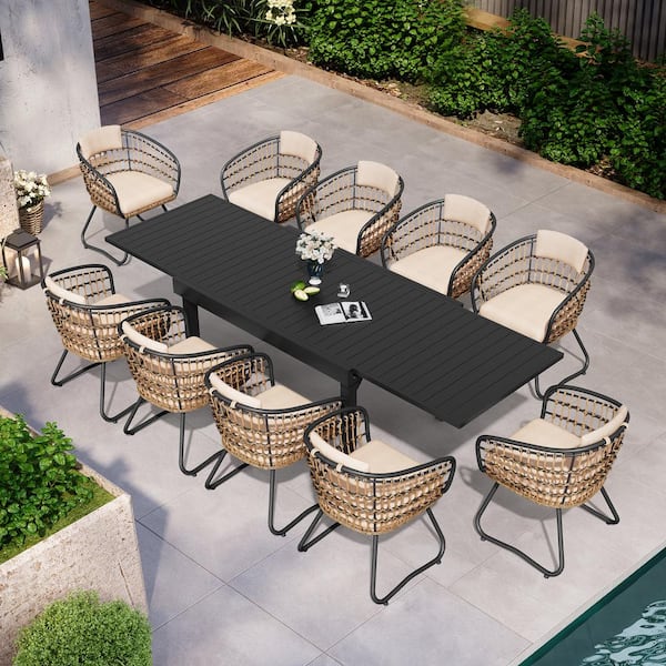 Pellebant 11-Piece Aluminum Outdoor Dining Set, Expandable Rectangle 106 in. Table and Steel Rattan Chairs with Beige Cushion