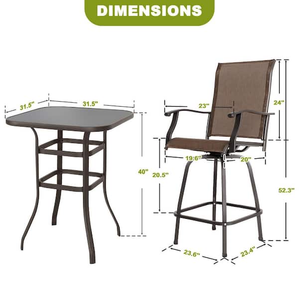 Brown 3-Piece Steel Outdoor Patio Bar Set with High Swivel Bistro Chairs