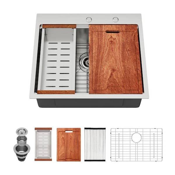 Drop-In 25 in. Single Bowl 16-Gauge Stainless Steel Workstation Kitchen Sink with Cutting Board and Strainer