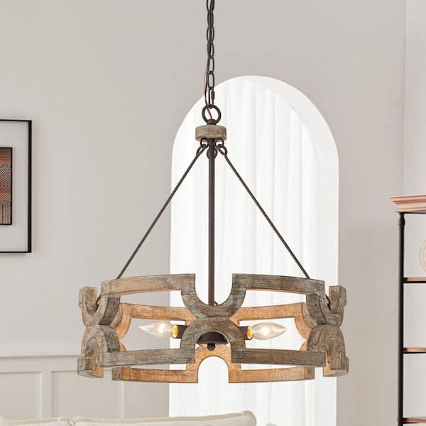 HUOKU Vivacity 3-Light 19.7 in.W Distressed Rust and Wood Chandelier Vintage Cage Drum Geometric Pendant Light for Kitchen