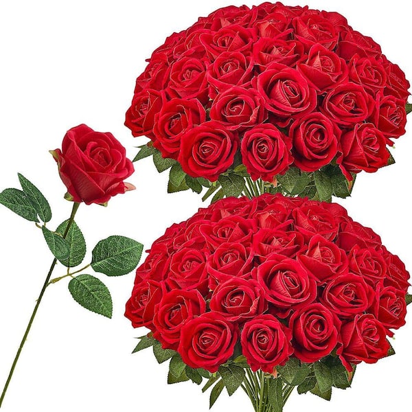 20 in. Faux Red Bridal Shower with Stems for DIY, Artificial Flowers, 60-Pieces Real Looking Red Foam Fake Roses Bulk