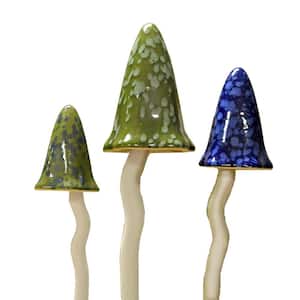 English Garden Glazed Ceramic Shades of Winter Tinkling Toadstools Decorative Garden Stakes (3-Piece Set)