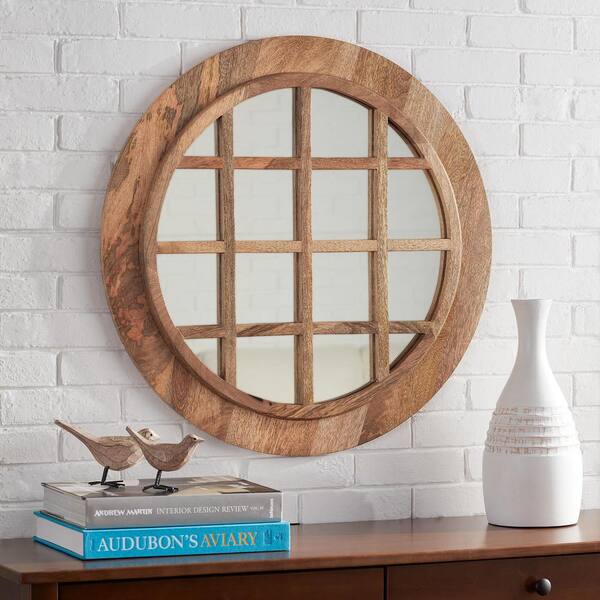 StyleWell Medium Round Brown Windowpane Natural Wood Finish Classic Accent Mirror (28 in. Diameter)