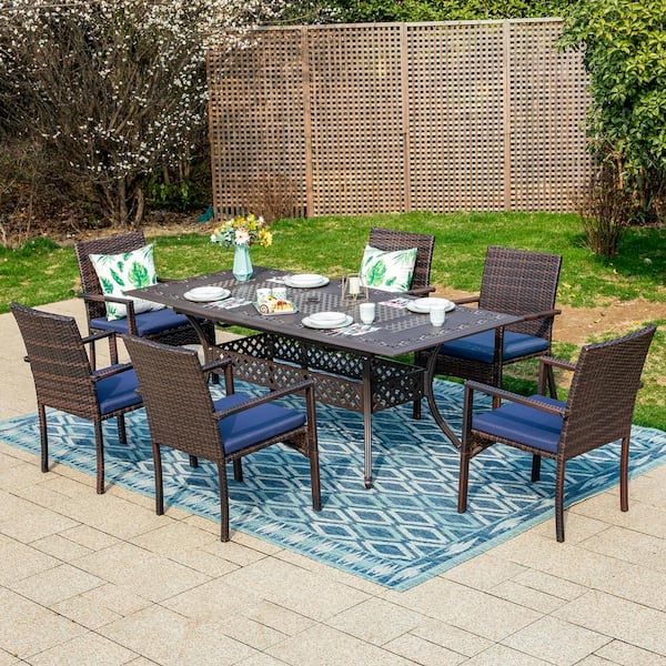 PHI VILLA Black 7-Piece Metal Patio Outdoor Dining Set with Cast Aluminum Extendable Table and Rattan Chair with Blue Cushion