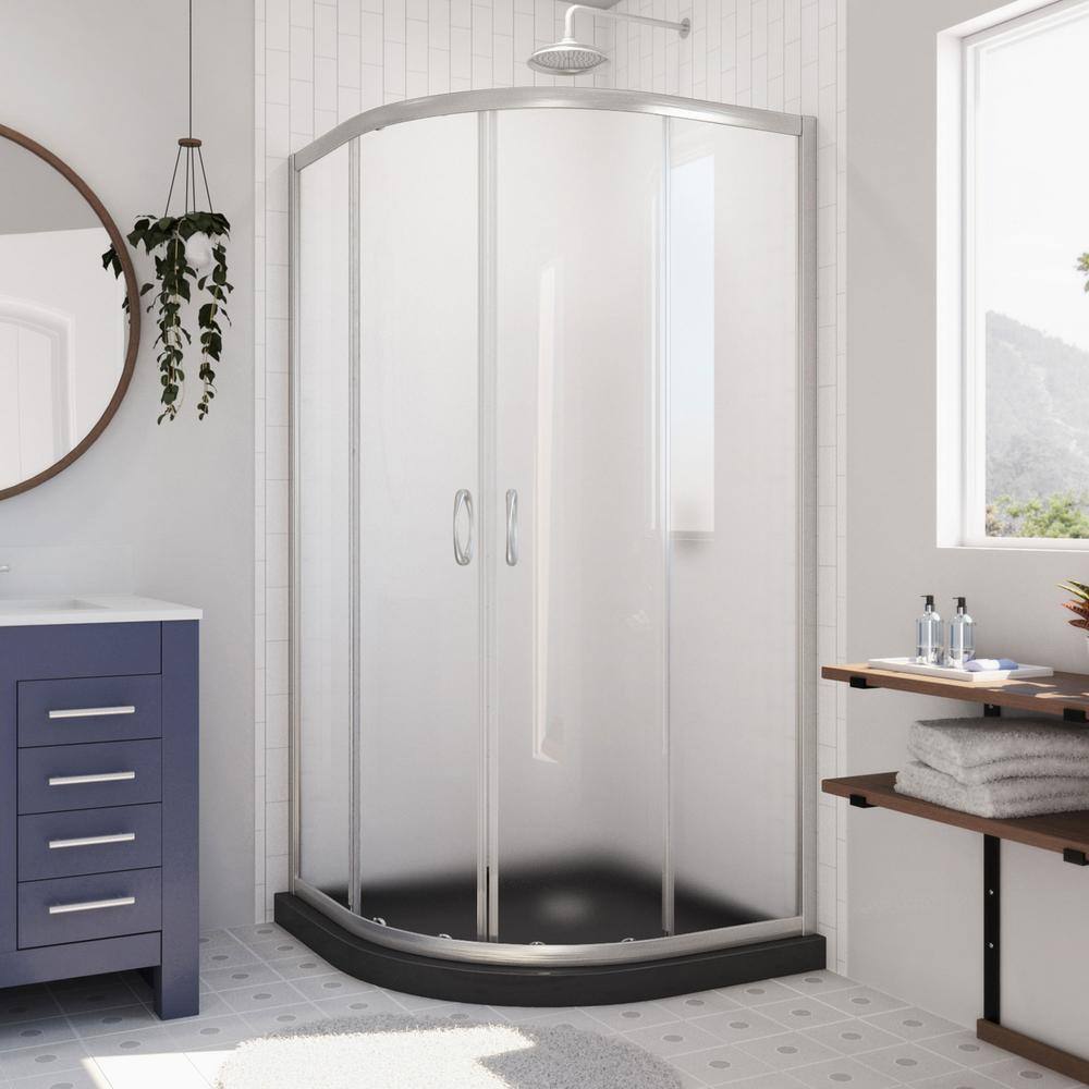 Prime 33" Frosted Glass Round Sliding Shower Enclosure with Brushed Nickel Hardware