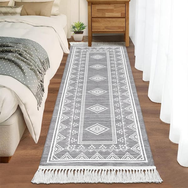 Tassel Printed Carpet Washable Area Rug Soft Non-Slip Bohemian Style Carpet for Bedroom Living Room Office Gray，2X6ft