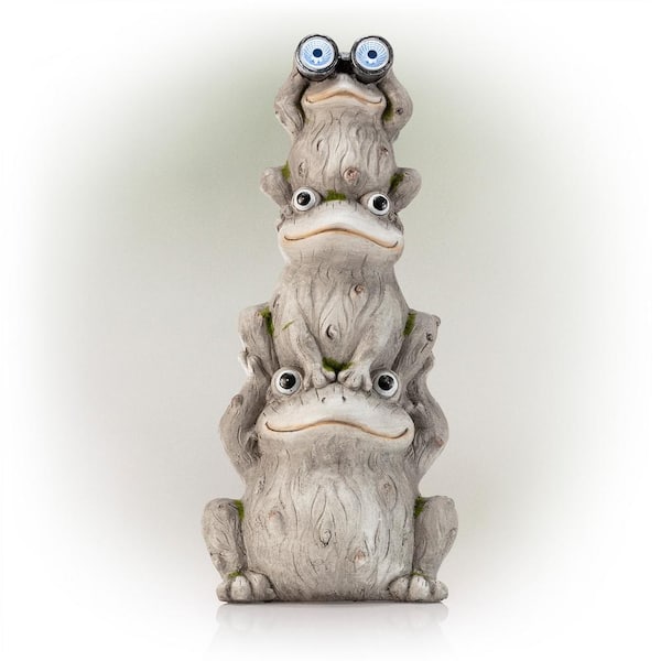 Alpine Corporation 23 in. Tall Outdoor Solar Powered Stacked Frog Family Statue with LED Lights