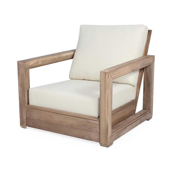 Noble House Kashton Brown Wood Outdoor Patio Lounge Chair with Beige Cushion