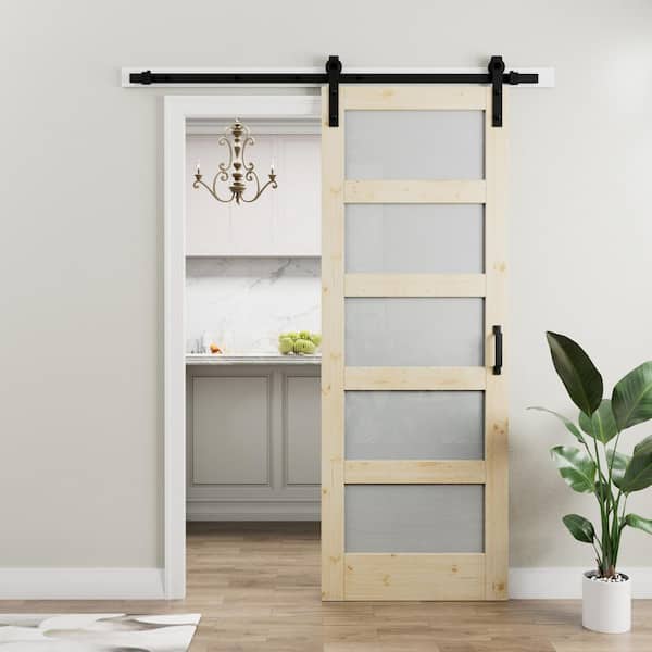 ARK DESIGN 30 in. x 84 in. 5-Lite Tempered Frosted Glass and Solid Pine Wood Unfinished Barn Door Slab with Hardware Kit