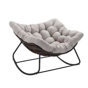 Dark Gray Frame Metal Outdoor Rocking Chair with Beige Cushion For Backyard, Patio, Poolside