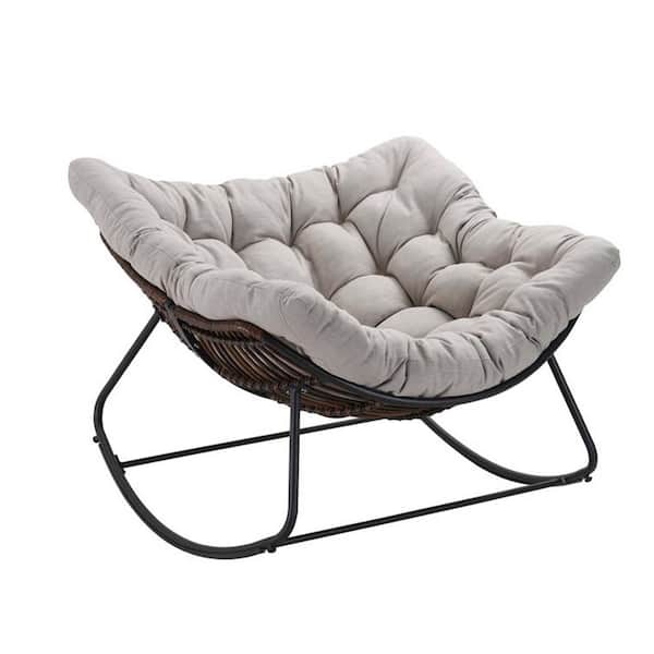 Unbranded Dark Gray Frame Metal Outdoor Rocking Chair with Beige Cushion For Backyard, Patio, Poolside