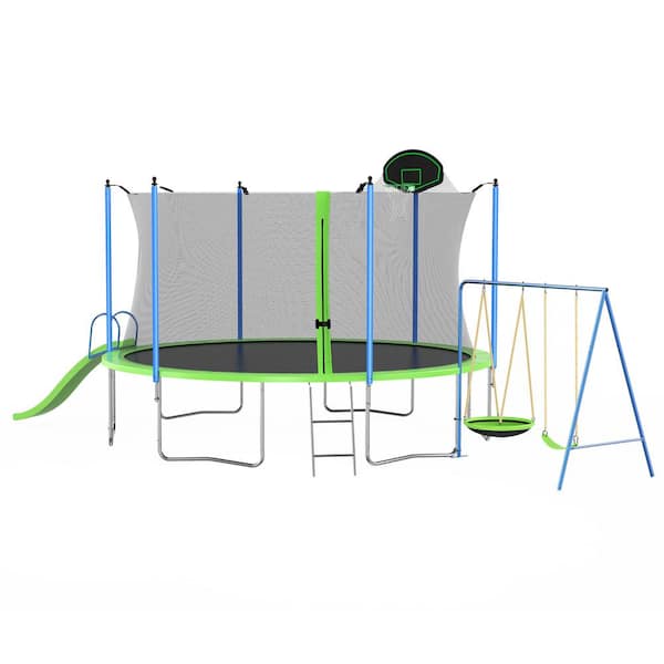 12 ft. Jumping Trampoline with Slide,Swings,Basketball Hoop and Ladder for Both Kids & Adults, Indoor & Outdoor