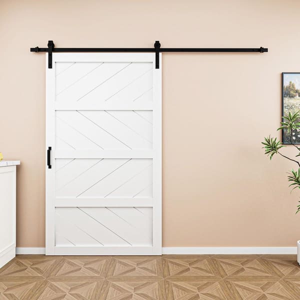 48 in. x 84 in. White 4-Lite Wave Pattern Finished MDF Sliding Barn Door with Hardware Kit and Soft Close