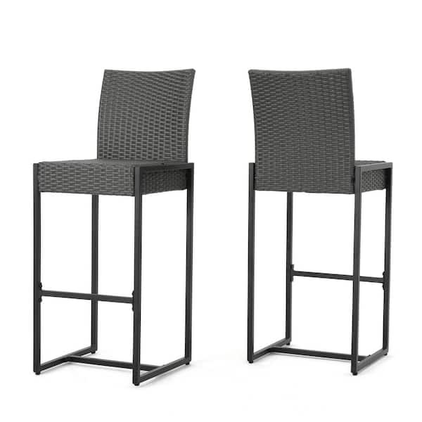 Gray Wicker Outdoor Bar Stool with Metal Legs (2-Pack)