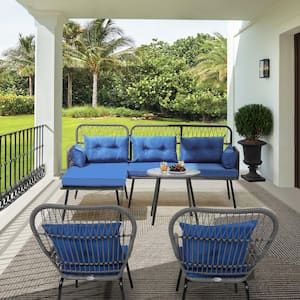 Gray 3-Piece Outdoor Patio Furniture Set L-Shaped Sectional Wicker Conversation Sets with Blue Cushions