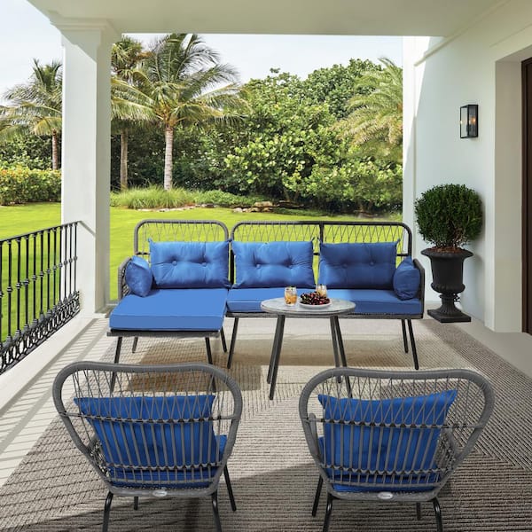 Gray 3-Piece Outdoor Patio Furniture Set L-Shaped Sectional Wicker Conversation Sets with Blue Cushions