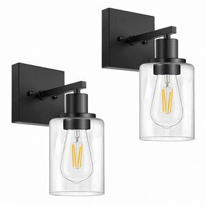 4 in. 1-Light Modern Black Indoor Wall Farmhouse Sconce with Clear Glass Shade (2-Pack)