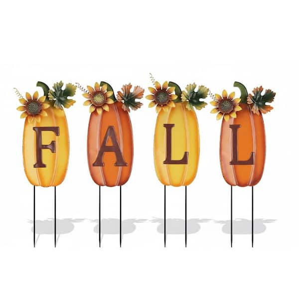 20.7 in. Fall Thanksgiving Garden Stakes (4 Pieces) - Metal Pumpkin Sunflower Decor
