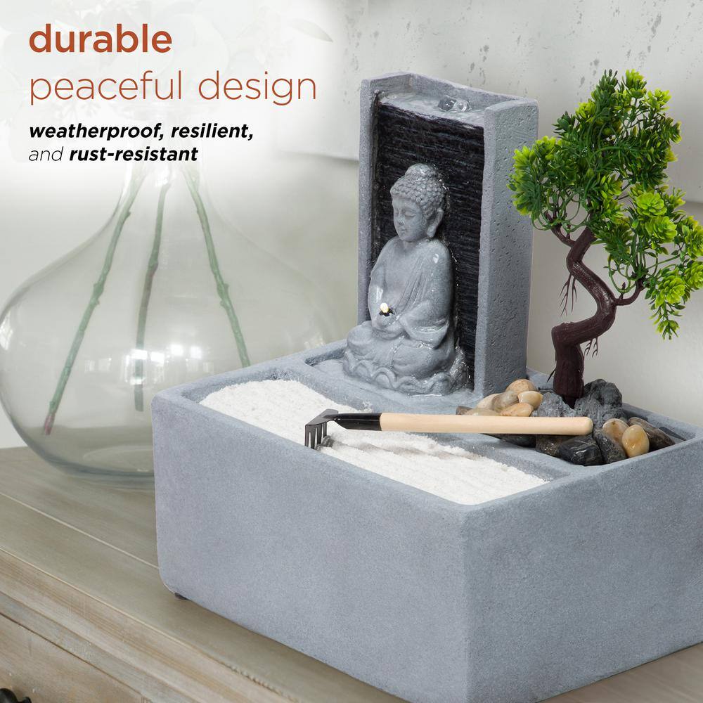 Gray Cement Buddha Bonsai Garden Tabletop Fountain with LED Light