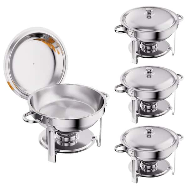 6 qt. Silver Round Chafing Dish Set, Silver Stainless Steel Buffet Warmer with Lid for Catering (4-Pack)