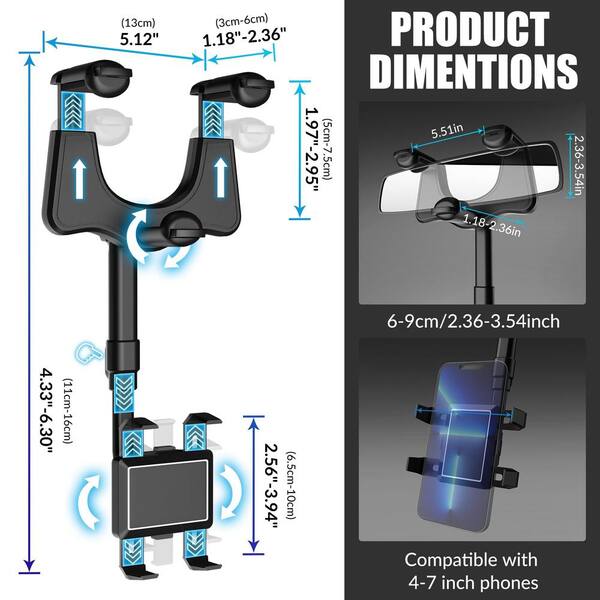 Quyee Phone Holder Car, Rear View Mirror Phone Holder - Aluminum Alloy Mount Multi-Angle Adjustment Rotatable And Retractable Compatible With All 4-7 Inch IPhone And Android Cell Phones