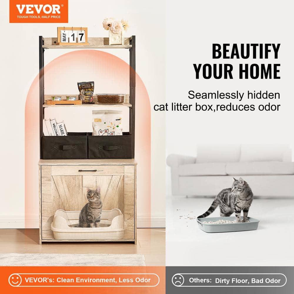 Natural Wood Cat Litter Box Enclosure with Shelves
