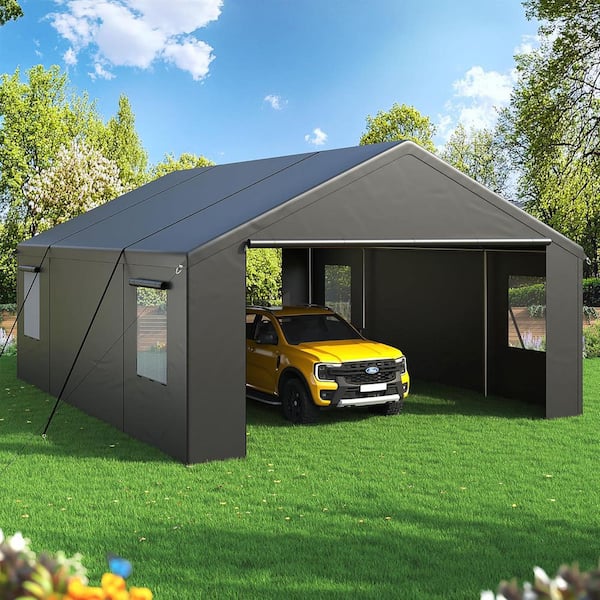 20 ft. x 20 ft. Heavy-Duty Portable Carport with Side-Opening Door, Roll-Up Windows and Reinforced 4-Hole Base, Black