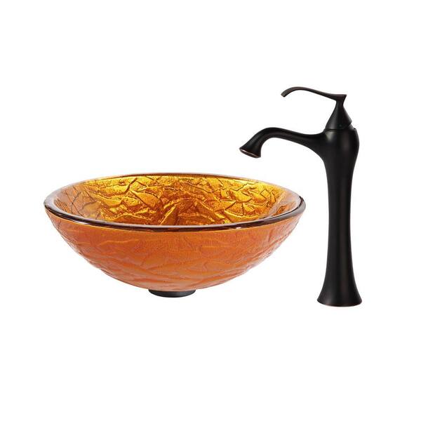 KRAUS Blaze Glass Vessel Sink in Gold with Ventus Faucet in Oil Rubbed Bronze