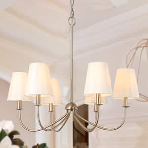 Transitional Plated Brass Linear Chandelier with White Cone Fabric Shades 6-Light Vintage Candlestick Hanging Light