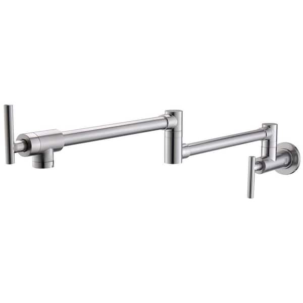 Wall Mounted Pot Filler with Stretchable Double Joint Swing Arms in Brushed Nickel