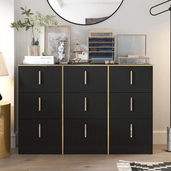 FUFU&GAGA Black 9-Drawer 47.3 in. Width Dresser without Mirror, Chest of Drawers with Golden Line and Waven Surface Design