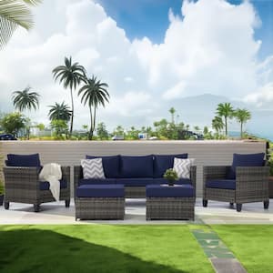 5-Piece Wicker Patio Sectional Sofa Set with Ottomans