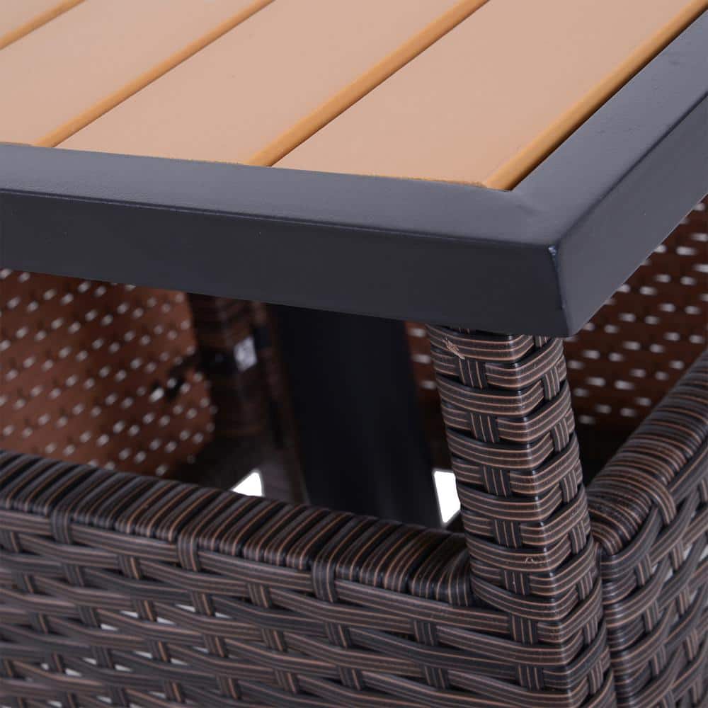 Brown Rattan Wicker Outdoor Accent Table with Steel Frame and Umbrella Insert
