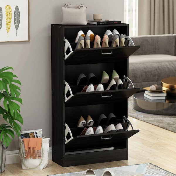 FUFU&GAGA 70.9-in H 8 Tier 14 Pair Black Wood Shoe Cabinet in the
