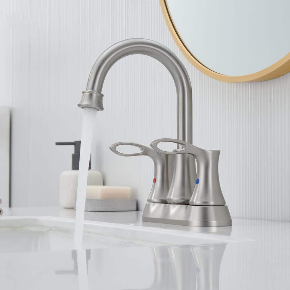 Brushed Nickel Dual Handle High Arc Bathroom Faucet with Metal Drain