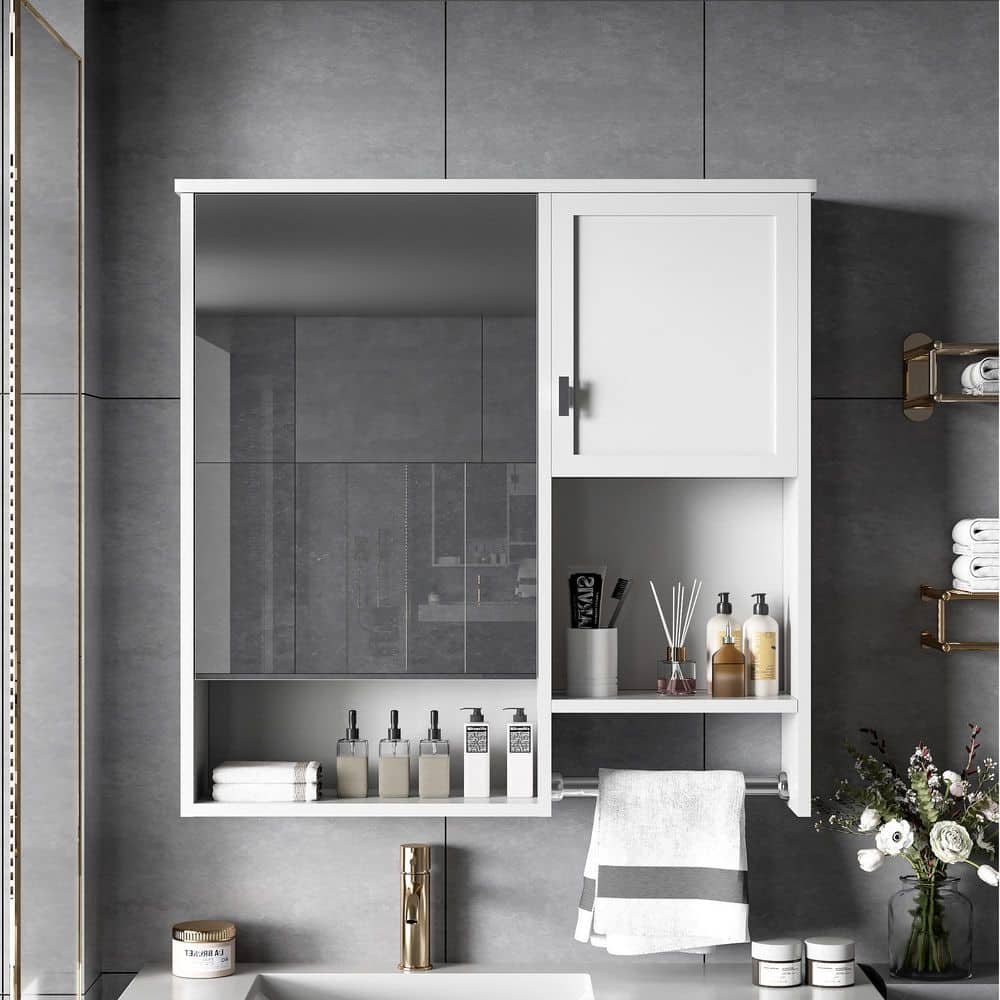 White 29.5 in. W x 28.7 in. H Rectangular Wall Mounted Bathroom Medicine Cabinet with Mirror Door and Towels Bar price history on PriceWatchPro