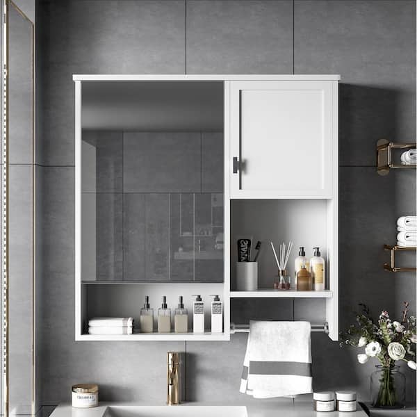White 29.5 in. W x 28.7 in. H Rectangular Wall Mounted Bathroom Medicine Cabinet with Mirror Door and Towels Bar