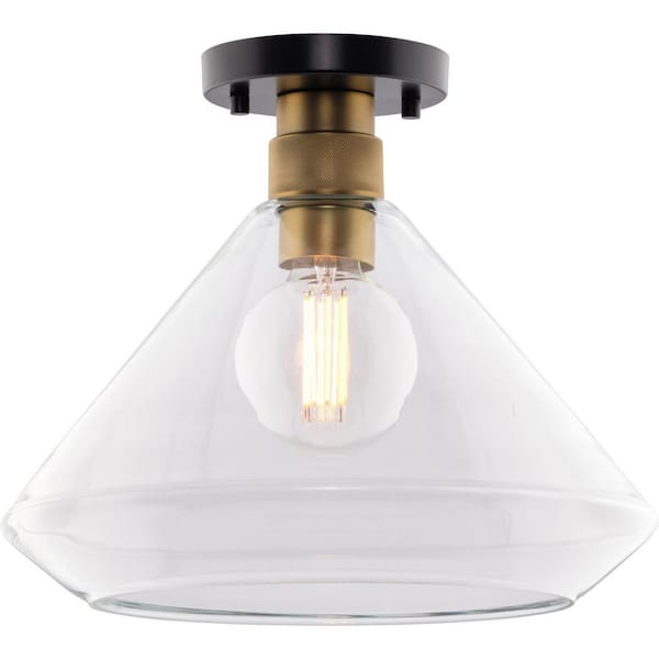 Avec 13.5 in. 1-Light Matte Black Industrial Flush Mount with Glass Shade