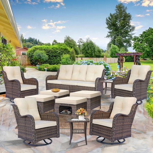 kuurfuurdo Brown 11-Piece Wicker Steel Patio Conversation Sofa Set Outdoor Rattan Furniture Set with Beige Cushions