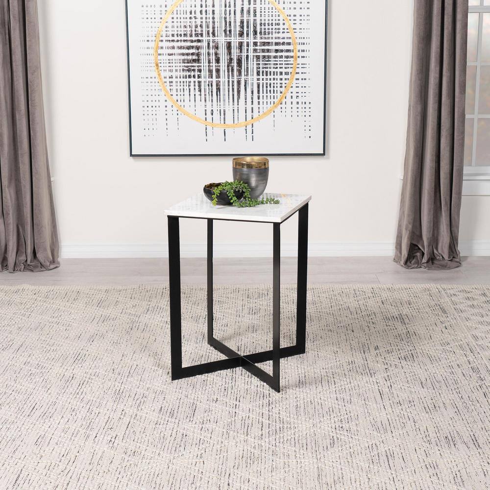 White Marble Top Square End Table with Black Metal Base