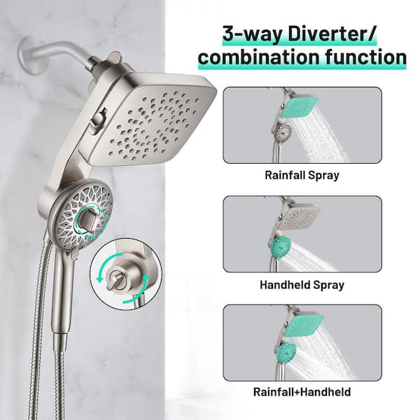 Magnetic 2-in-1 5-Spray Adjustable Dual Shower Heads Wall Mount Fixed and Handheld Shower Head 2.5 GPM in Nickel