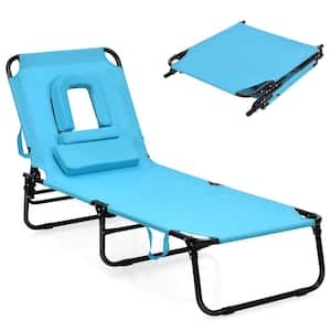 Folding Metal Outdoor Chaise Lounge with Turquoise Cushions, Adjustable Back and Hole