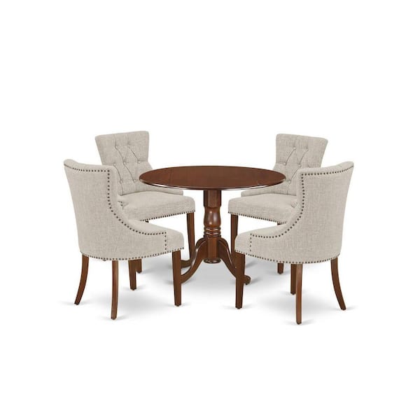 5-Piece Round Mahogany Finish Solid Wood Top Dining Table with 4-Parson Chair with Drop Leaf Lattice Back