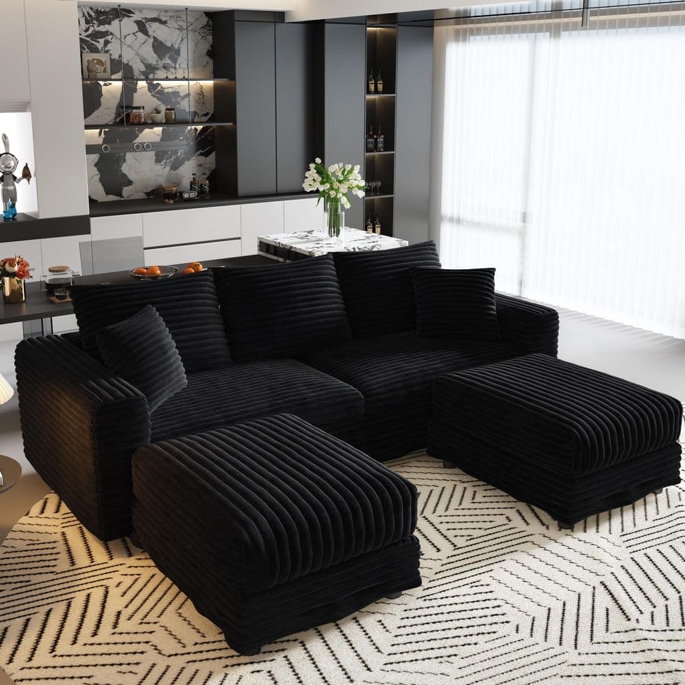 Free Combined 82.7 in. Corduroy Sectional Sofa in Black with 2-Movable Ottomans, Transform to Lounge Chair or Sofa Bed price history on PriceWatchPro