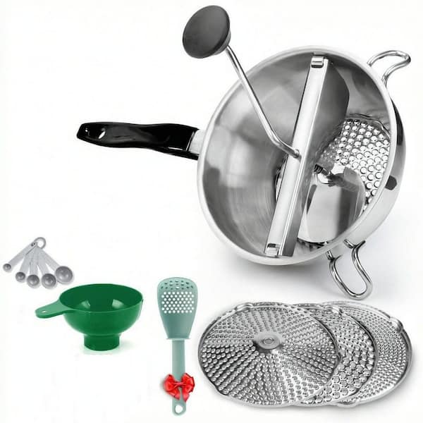 Silver Stainless Steel Food Mills with 3 Milling Discs and Blue Multifunctional Spoon, for Tomato Sauce Potatoes canning