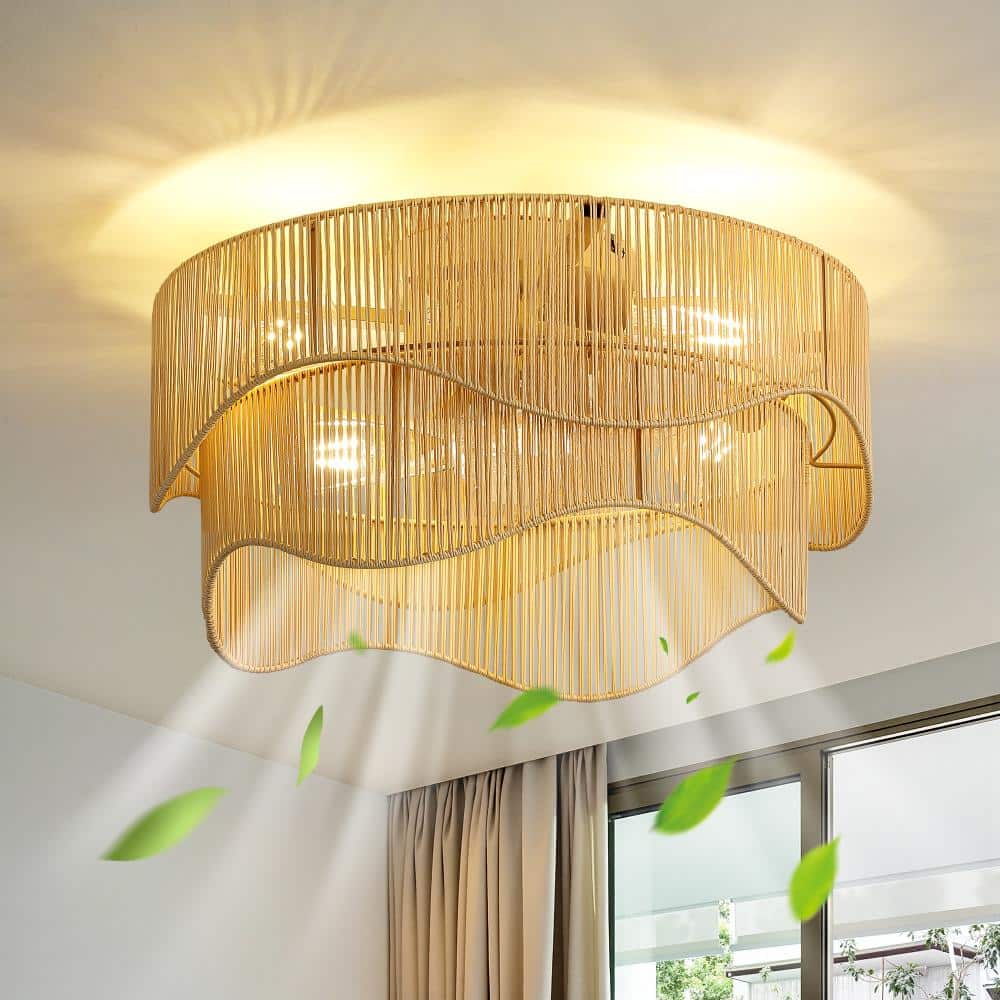 19 in. Indoor Khaki Wave Shaped Paper Rattan Ceiling Fan with Light and Remote Control 6-Speed Reversible Motor price history on PriceWatchPro