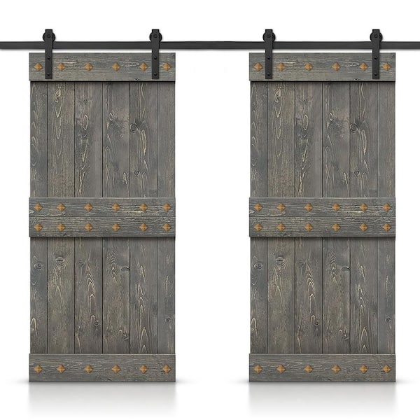 CALHOME 96 in. x 84 in. Weather Gray Stained DIY Pine Wood Interior Double Sliding Barn Door with Hardware Kit and Clavos